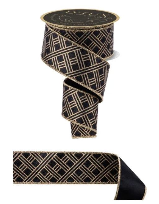 a black and gold geometric patterned ribbon with a gold border.