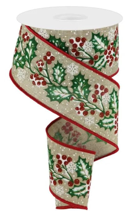 A Christmas-themed ribbon with a repeating pattern of holly leaves, berries, and snowflakes in shades of green, red, and white.