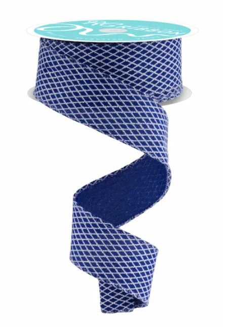 A roll of blue and white patterned ribbon with a teal-colored spool at the top.