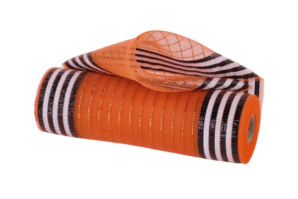 a roll of orange and black striped fabric