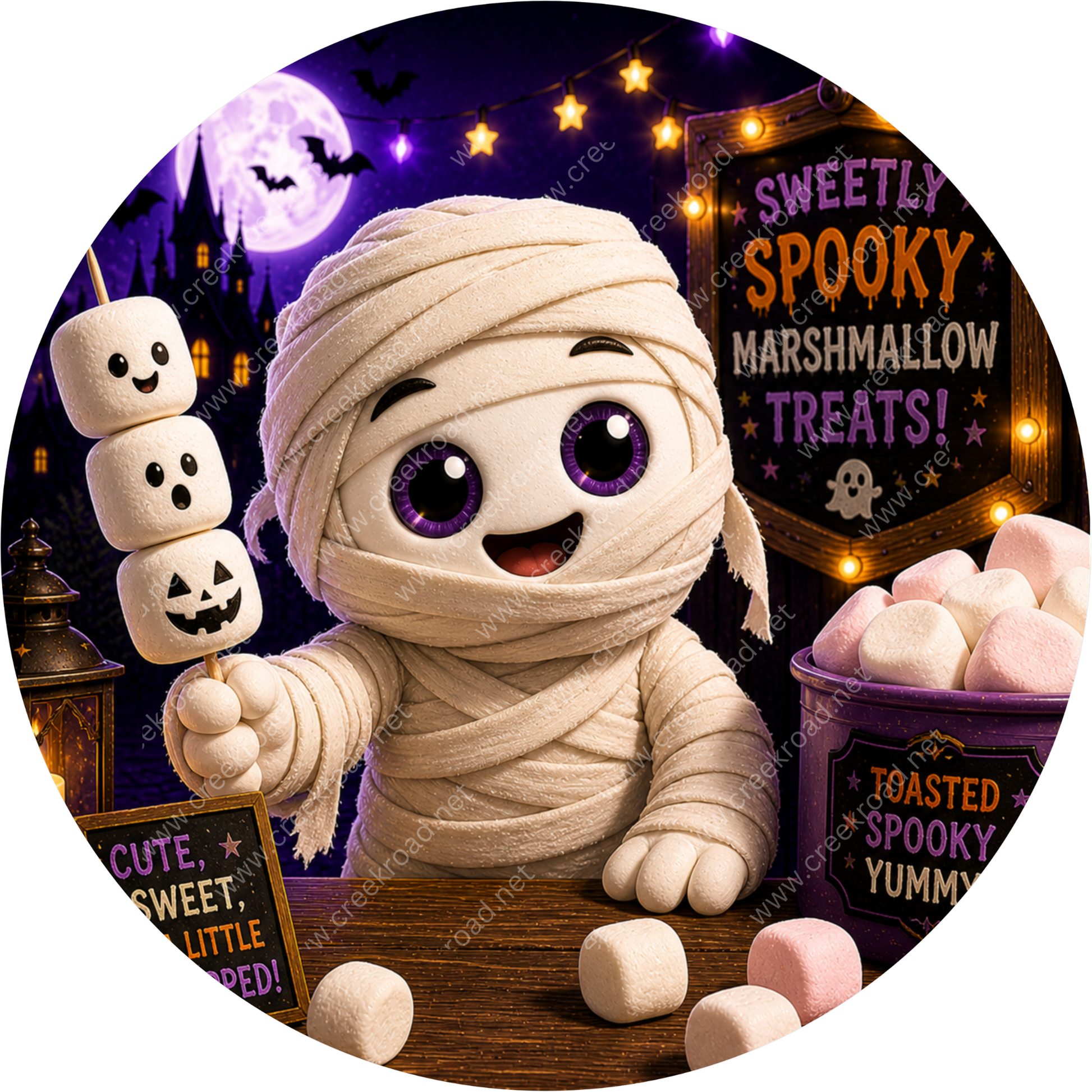 A spooky, white-wrapped mummy figure holding a marshmallow skewer and surrounded by Halloween decorations, including a sign that says "Sweetly Spooky Marshmallow Treats!"