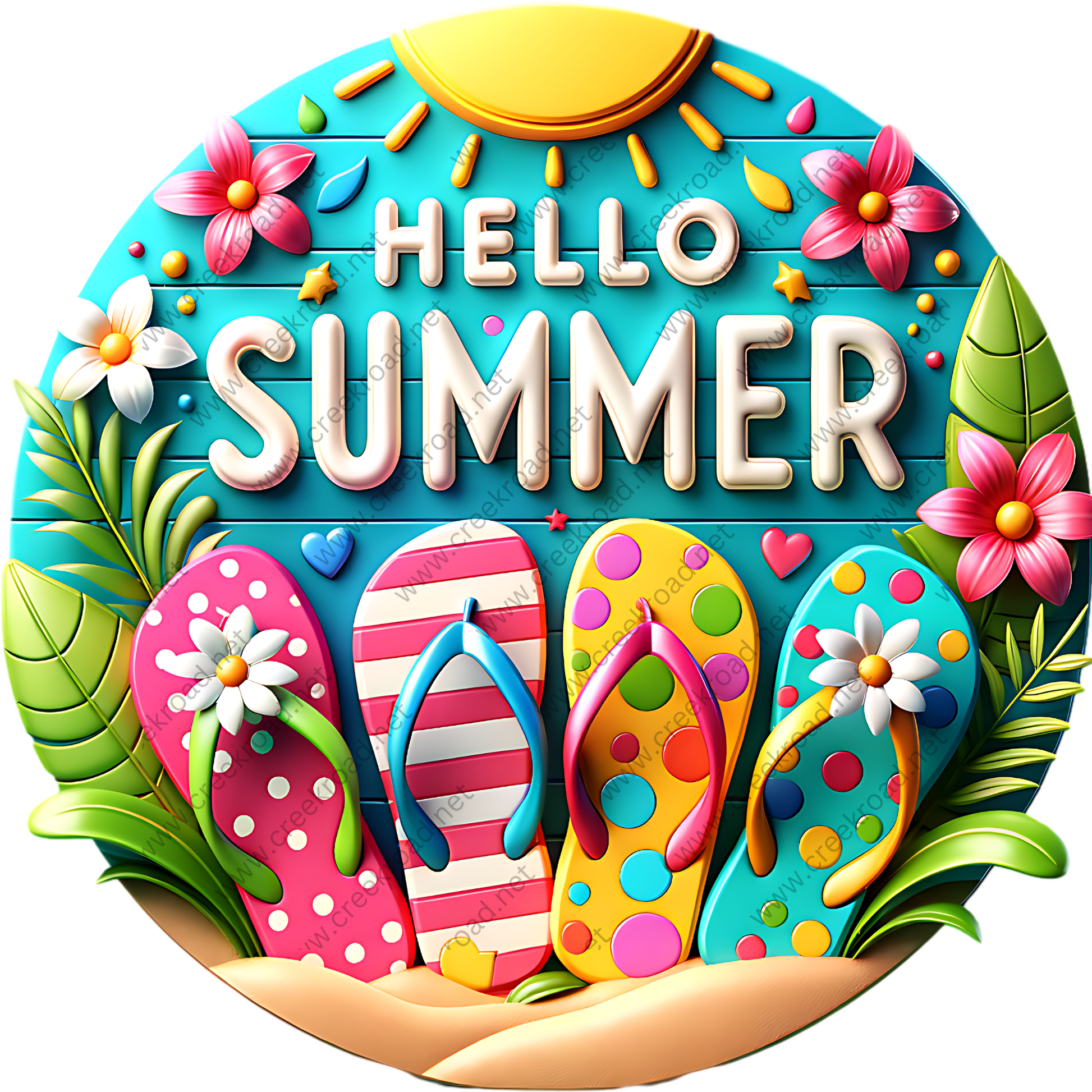 A colorful and vibrant illustration featuring a circular design with the text "HELLO SUMMER" prominently displayed. The design includes various summer-themed elements such as flowers, leaves, and a sun, all rendered in a playful and whimsical style.