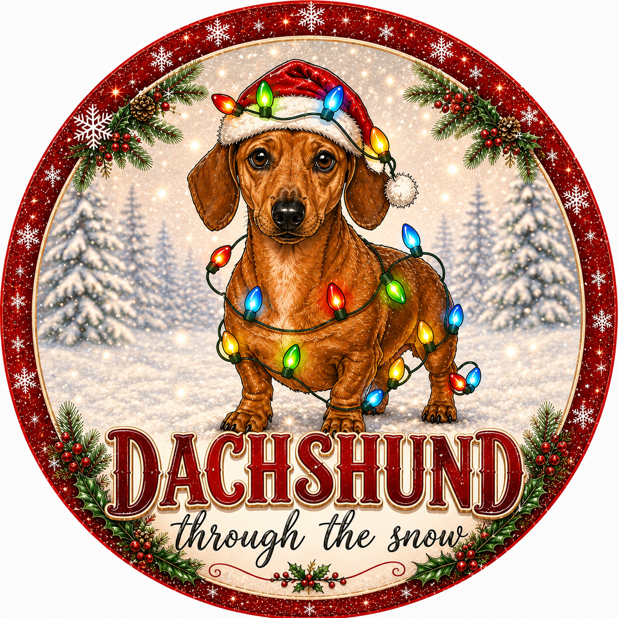 A dachshund dog wearing a Santa hat and surrounded by Christmas lights, with the text "Dachshund through the snow" below the image.