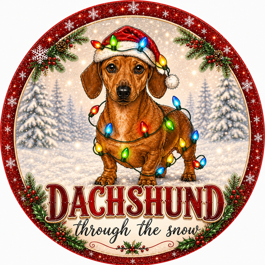 A dachshund dog wearing a Santa hat and surrounded by Christmas lights, with the text "Dachshund through the snow" below the image.