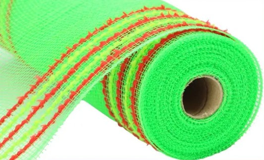 A roll of bright green mesh with red and yellow stripes.