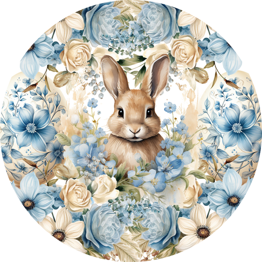 a painting of a rabbit surrounded by blue flowers