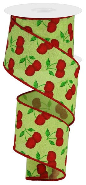 A spiral-shaped green ribbon with a repeating pattern of red cherries and green leaves.