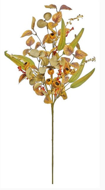 a branch with a variety of leaves and flowers, including yellow and orange leaves, as well as some orange and yellow flowers.