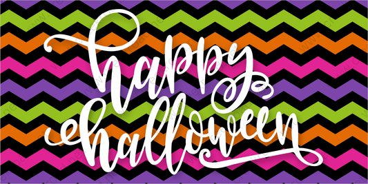 a colorful, zigzag-patterned background with the text "Happy Halloween" written in a cursive font.
