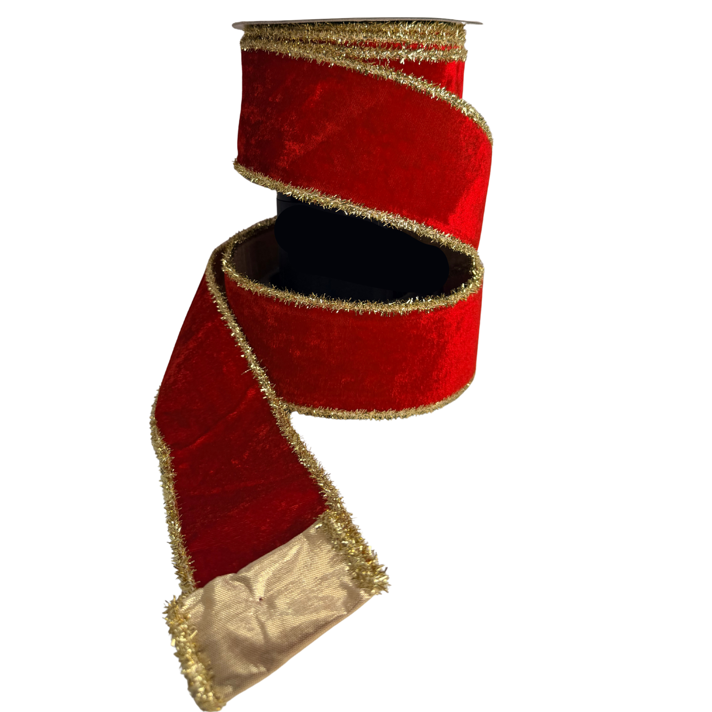 A red velvet ribbon with gold trim, hanging against a white background.