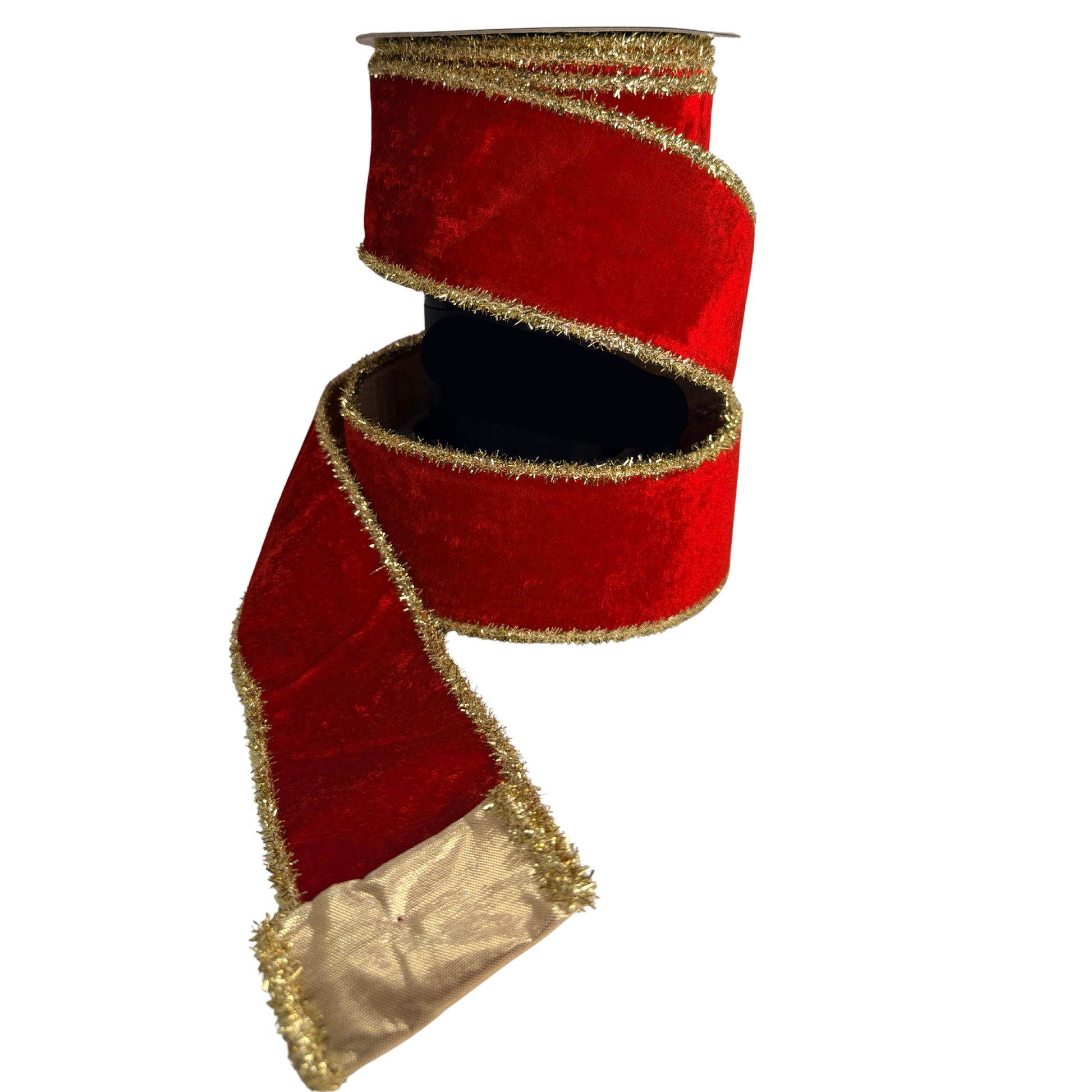 A red velvet ribbon with gold trim, hanging against a white background.