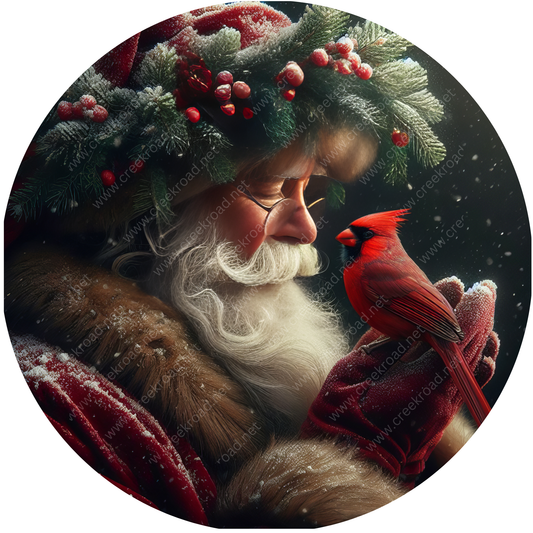 Santa Claus holding a red cardinal bird in his hand, surrounded by a wreath of berries and pine branches.
