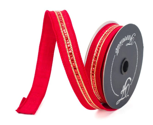 A roll of red ribbon with gold embellishments, including a metallic trim, is shown against a white background.