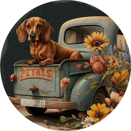 a painting of a dog sitting on the back of a truck