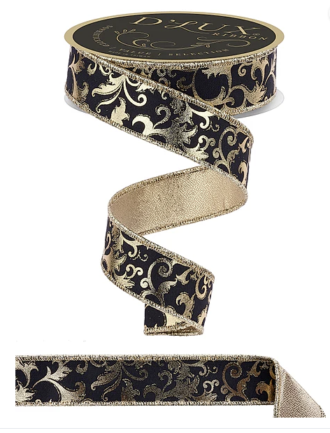 A decorative black and gold ribbon with a floral pattern.