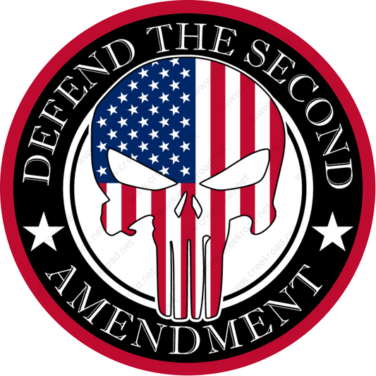 a red, white and blue emblem with the words defend the second amendment