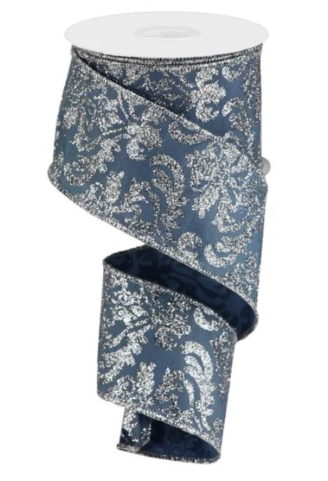 A blue and silver patterned ribbon with a metallic sheen, displayed against a white background.