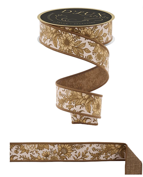 A floral patterned ribbon with a black and gold design, and a matching black and gold label.