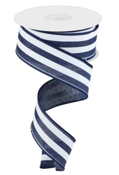 A roll of blue and white striped ribbon.