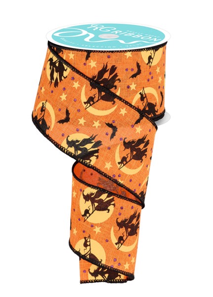 a roll of orange and black ribbon with witches on it