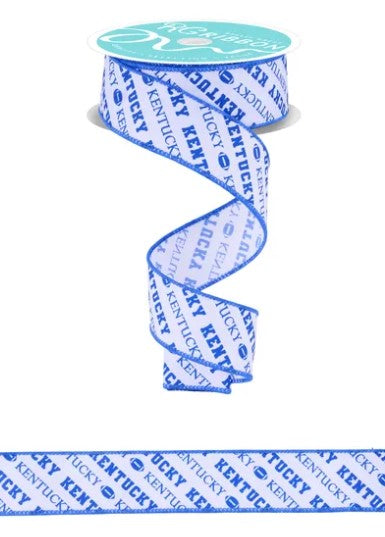 a blue and white patterned ribbon with the word "Kentucky" printed on it.