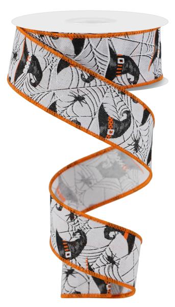 a spiral-shaped Halloween-themed ribbon with a black and white spider web pattern.