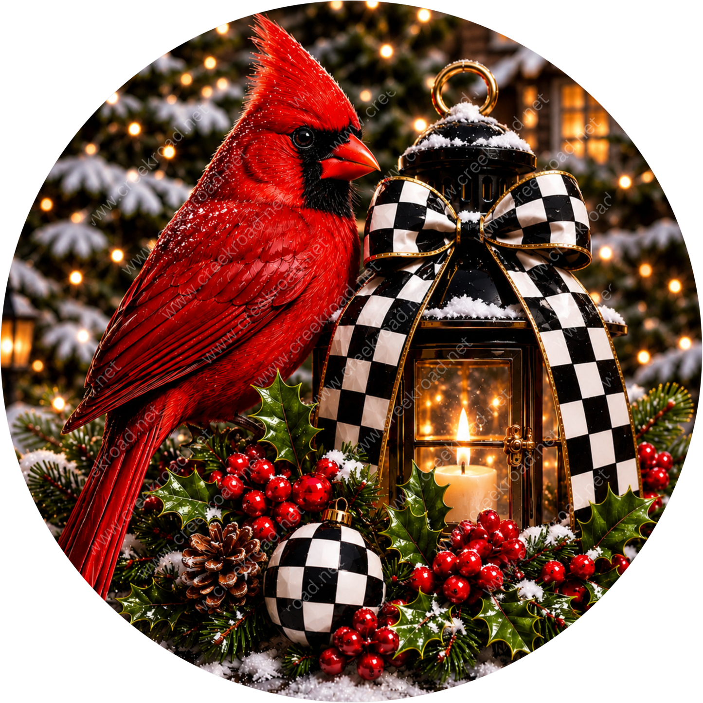A vibrant red cardinal bird perches on a festive Christmas wreath, with a black and white checkered lantern and red berries in the background.