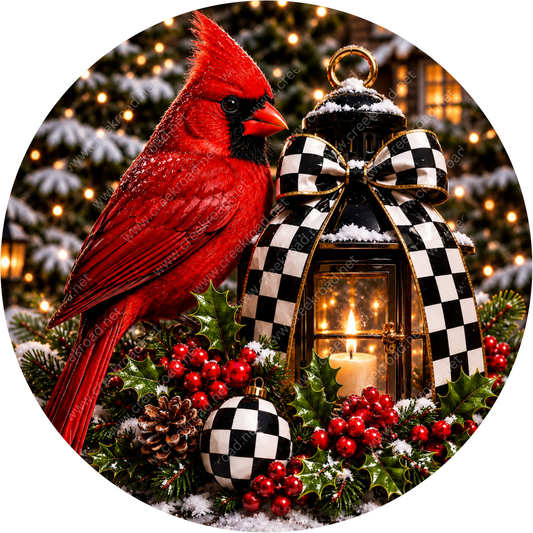 A vibrant red cardinal bird perches on a festive Christmas wreath, with a black and white checkered lantern and red berries in the background.