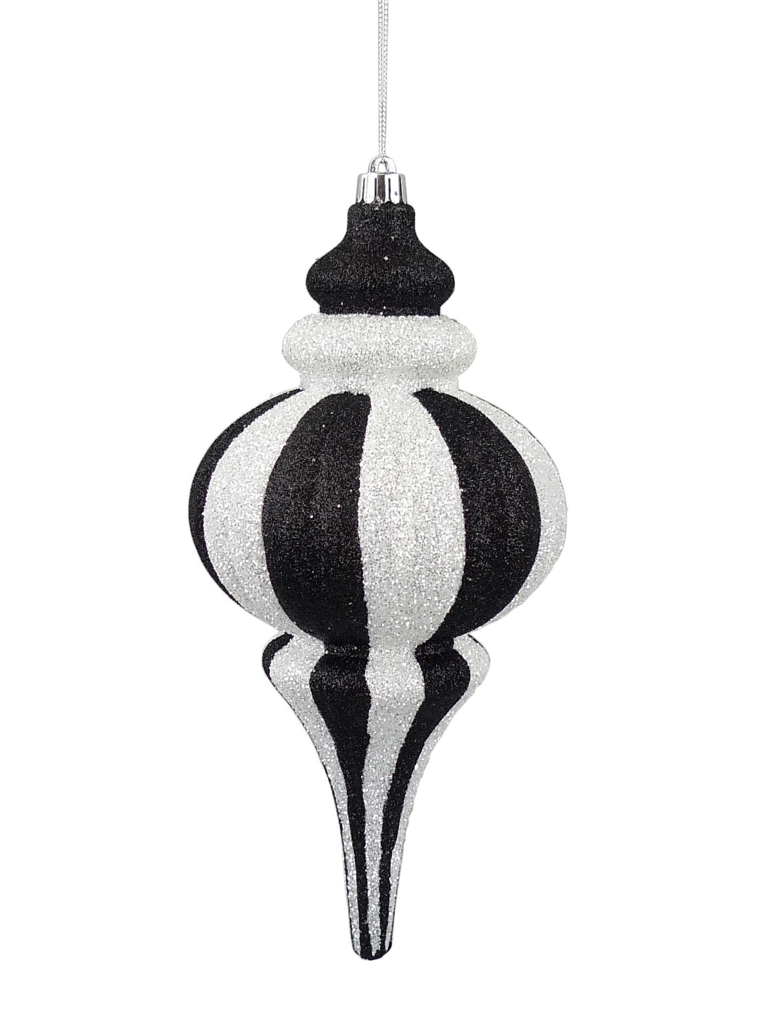 A black and white striped ornament with a pointed top and a long, thin body.