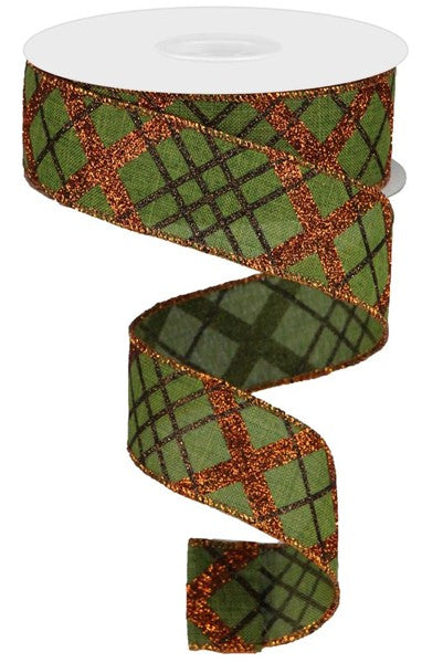 a roll of green and orange plaid ribbon