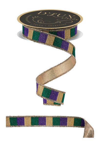 A decorative ribbon with a gold and purple striped pattern, featuring a gold and purple border.