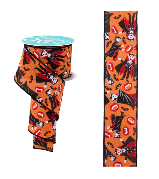 a Halloween-themed ribbon with a repeating pattern of bats and vampire characters in shades of orange and black.