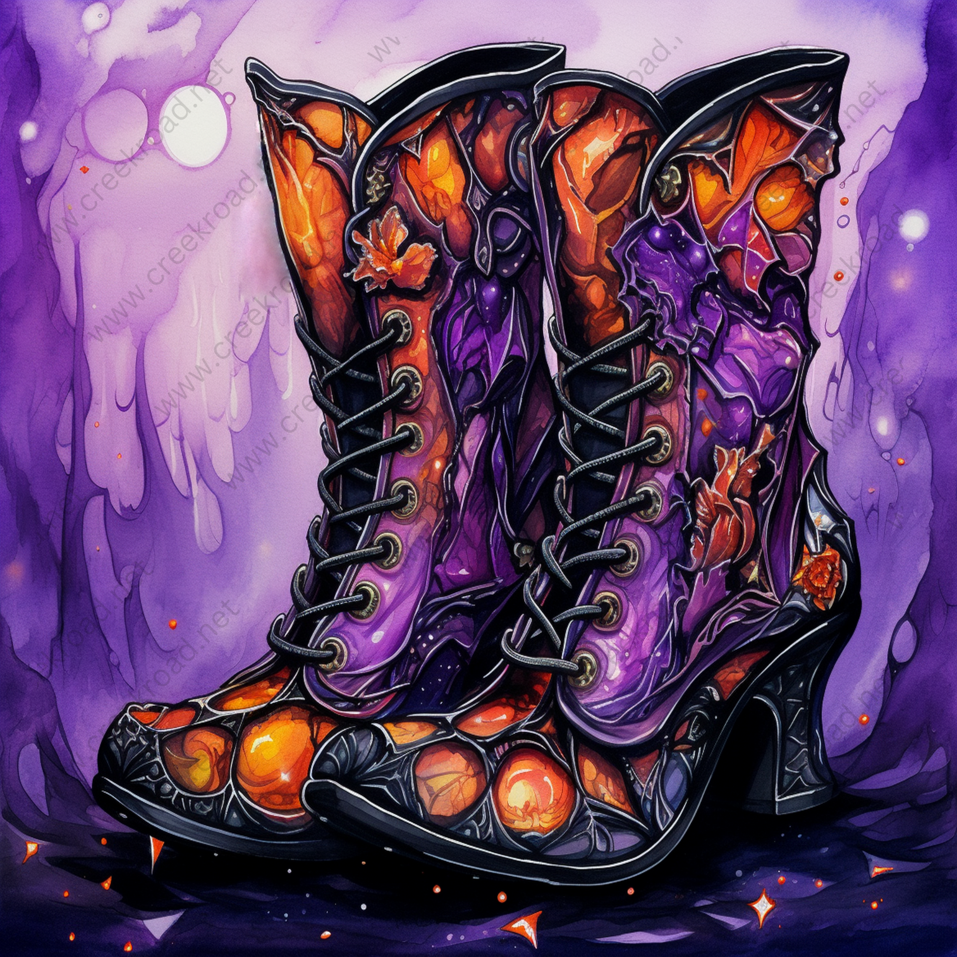 a painting of a pair of purple boots