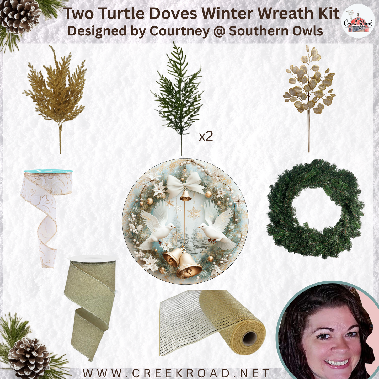 The image is a collage of various Christmas-themed items, including a wreath, pine cones, pine branches, and a woman's face.