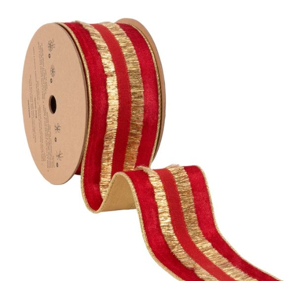 A roll of red and gold metallic ribbon with a textured pattern.
