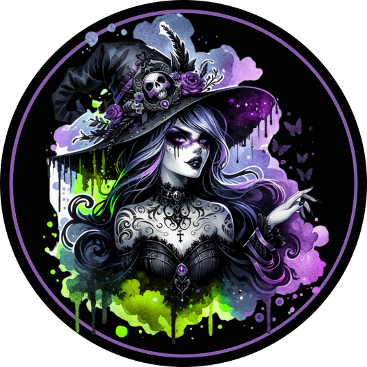 a painting of a woman wearing a witches hat