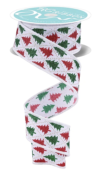 A Christmas-themed ribbon with a repeating pattern of red and green Christmas trees on a white background.