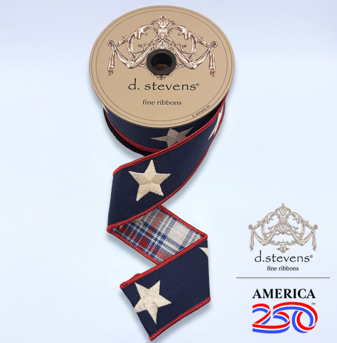 a ribbon with a star pattern and red trim, which appears to be a fine ribbons product from D. Stevens.