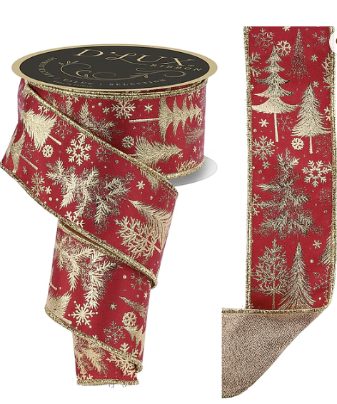 a red and gold Christmas-themed ribbon with a snowflake pattern. The ribbon is displayed in two different orientations, one standing upright and the other lying flat.