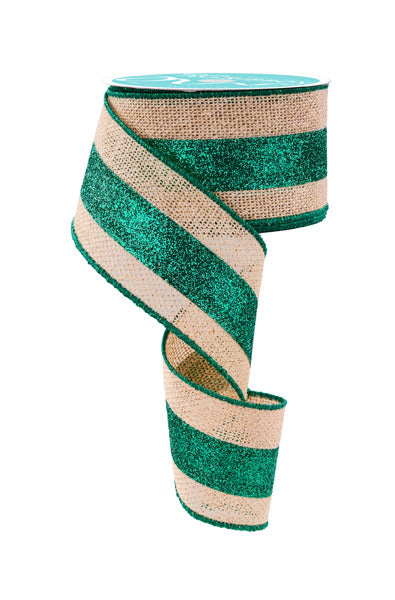 A roll of green and beige glittery ribbon with a scrunched-up appearance.