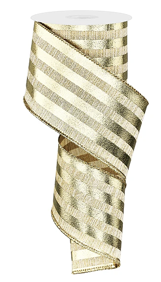 A gold-colored ribbon with a striped pattern, tied in a decorative manner.