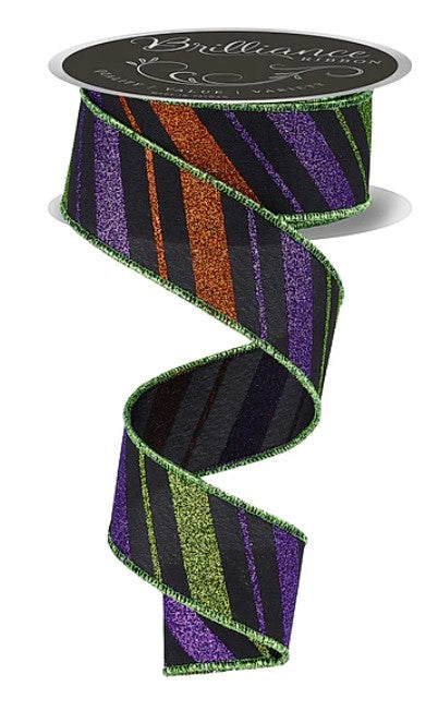 A spiral-shaped ribbon with a black, purple, and orange striped pattern.