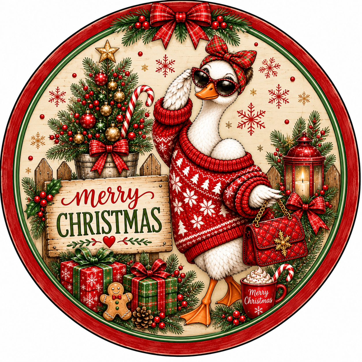 A festive Christmas scene featuring a duck wearing a red sweater and sunglasses, surrounded by holiday decorations such as a Christmas tree, presents, and a lantern.
