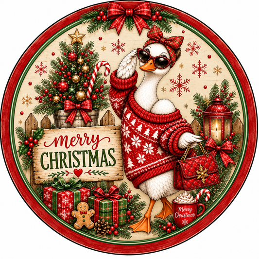 A festive Christmas scene featuring a duck wearing a red sweater and sunglasses, surrounded by holiday decorations such as a Christmas tree, presents, and a lantern.