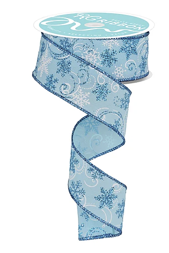 A blue and white snowflake-patterned ribbon is shown, with the ribbon winding down and creating a spiral pattern.