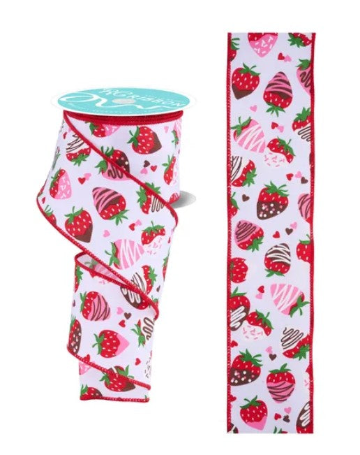 a ribbon with a strawberry pattern, including chocolate-covered strawberries and other strawberry-related designs.