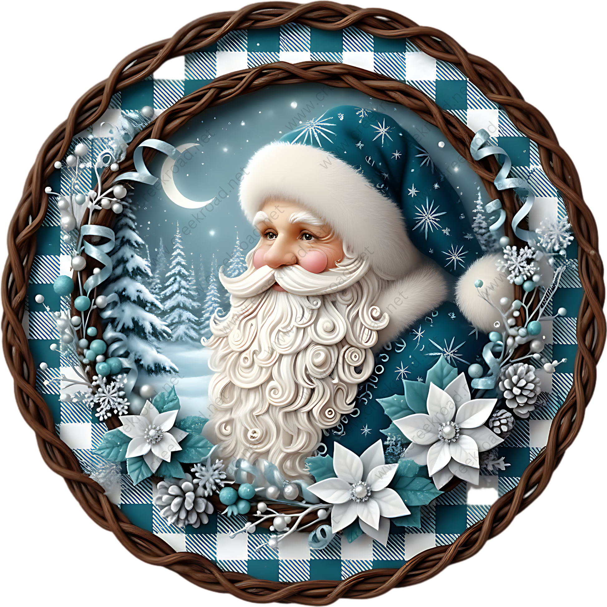 A decorative wreath featuring a smiling Santa Claus wearing a blue hat with white stars, surrounded by snowflakes, pine trees, and a crescent moon.