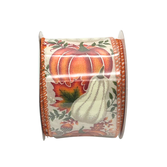 A decorative autumn-themed ribbon with a pumpkin and gourd design.