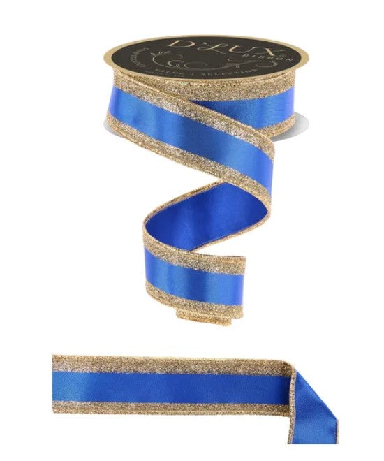 a blue and gold ribbon with a glittery gold trim.