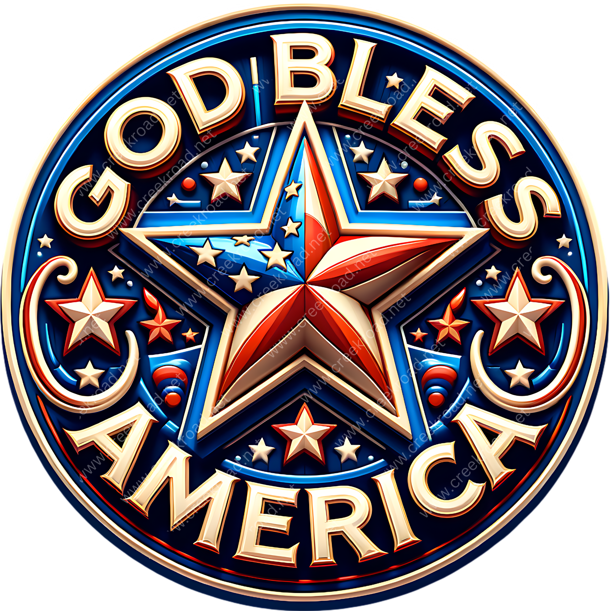 a circular design with a large star at the center, surrounded by various patriotic symbols such as stars, stripes, and a crescent moon. The text "GOD BLESS AMERICA" is prominently displayed around the star, creating a patriotic and celebratory design.